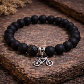   Biciklimániásoknak ásvány karkötő - matt ónix, nemesacél bicikli